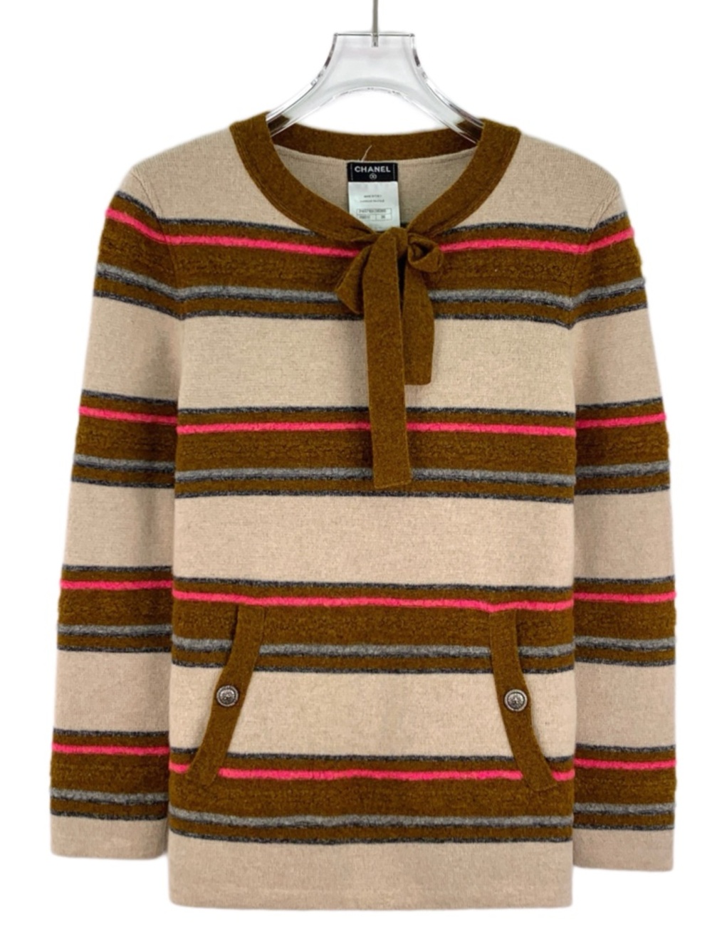 Chanel Two-Tone Striped Lace-Up Bow Cashmere Crew-Neck Long-Sleeve Sweater